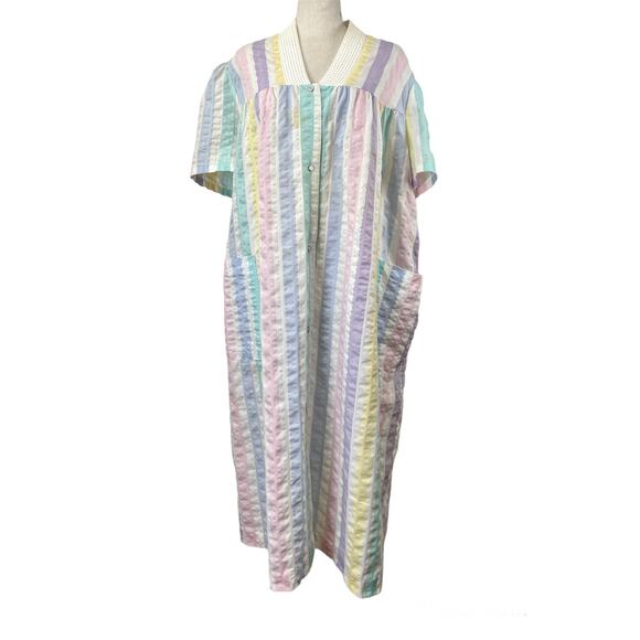 Vintage  80s House Dress Simply Basic Stripe Pastels Housewife - Picture 1 of 6